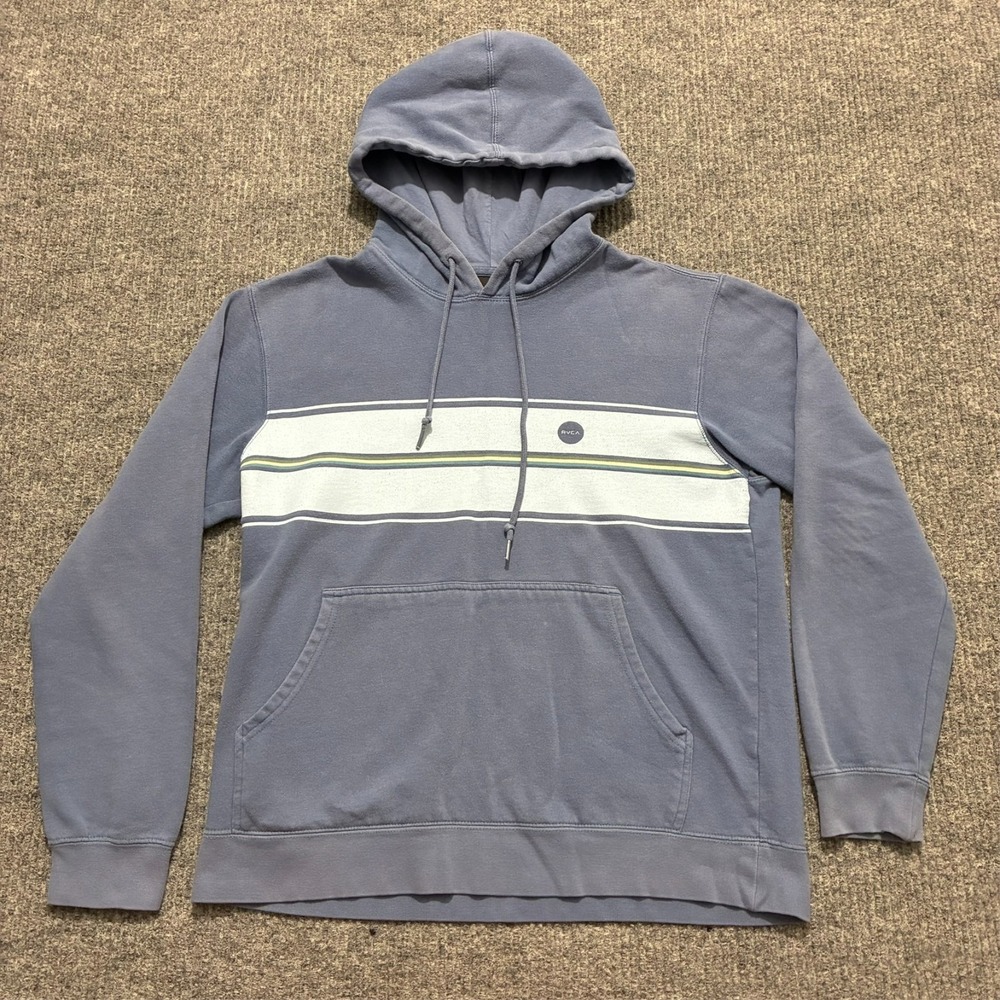 RVCA Mens Pullover Hoodie Size Small Blue White Striped‎ Pocket Long Sleeve